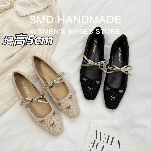 羊皮增高5CM蝴蝶结玛丽珍鞋