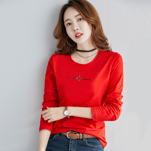 纯棉长袖 单穿大红色本命年上衣 T恤女春秋衣外穿女土丅恤体打底衫