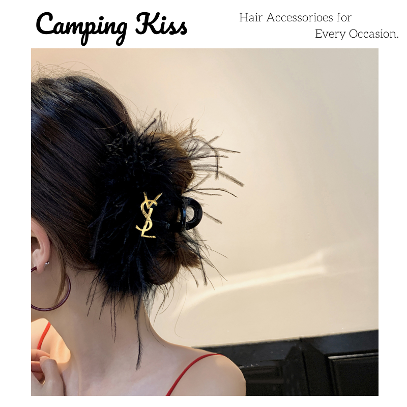 羽毛抓夹大好后脑勺Camping Kiss鲨鱼夹女2026新款鸵鸟毛发夹头饰