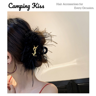 羽毛抓夹大好后脑勺Camping Kiss鲨鱼夹女2024新款鸵鸟毛发夹头饰