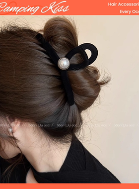 大号黑色抓夹Camping Kiss珍珠发夹2024新款高端鲨鱼夹子头发头饰