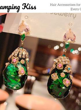 法国CK~轻奢复古宫廷风绿色锆石耳环高级感水滴耳坠手工镶嵌女