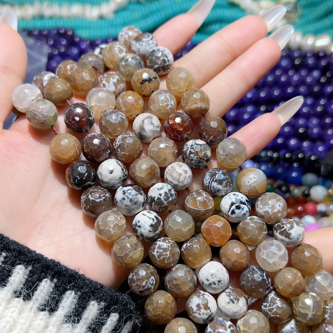 P569 12mm美拉德色系天然龙鳞纹玛瑙圆珠一条