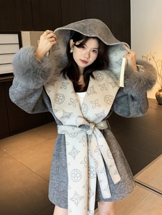 韩国定制2025秋冬新款 口双面呢羊绒大衣毛呢子外套女 撞色狐狸毛袖