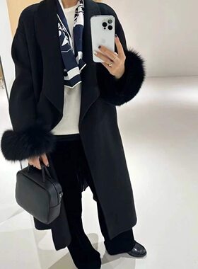 韩国定制韩剧女主长款保暖羊绒大衣女装狐狸毛袖口毛呢外套秋冬