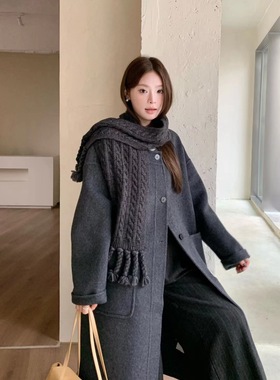 韩国定制SEVEN双面羊绒大衣女长款高级感宽松羊毛呢外套围巾款