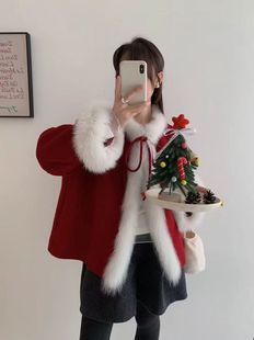 韩国定制SEVEN2025秋冬新款 口双面呢羊绒大衣毛呢子外套 狐狸毛袖