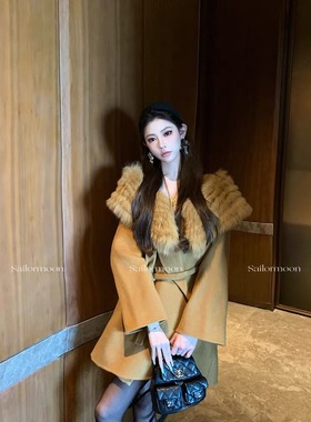 韩国定制SEVEN2025秋冬新款狐狸毛领双面羊毛大衣女中长款外套
