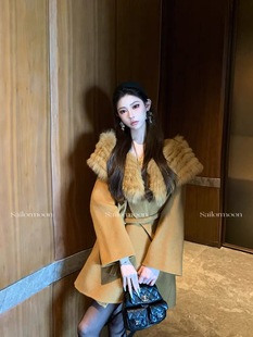 韩国定制SEVEN2025秋冬新款 外套 狐狸毛领双面羊毛大衣女中长款