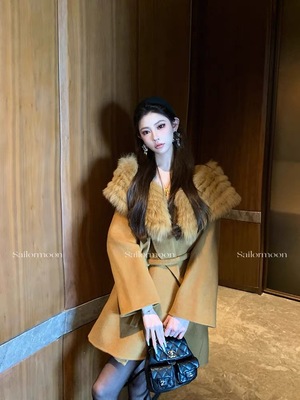 韩国定制SEVEN2025秋冬新款狐狸毛领双面羊毛大衣女中长款外套