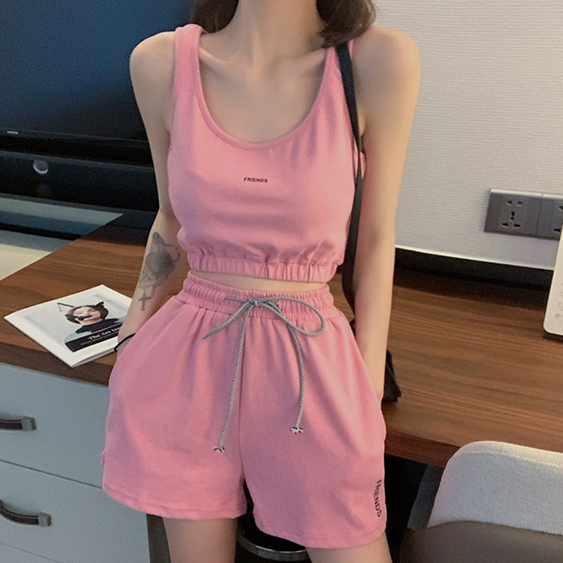 小个子夏季新款设计感休闲瑜伽健身跑步运动套装背心短裤两件套女图片