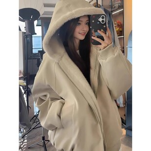 美式连帽座山雕皮衣外套棉服男女款冬季加绒加厚保暖毛领棉衣夹克