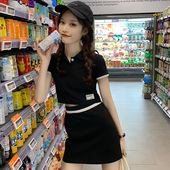 上衣高腰包臀半身裙撞色两件套装 显瘦polo领短款 女 新款 小个子夏季