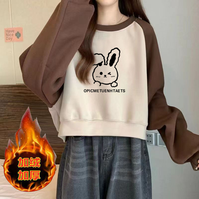 外套加绒卫衣2025新款秋季设计感宽松慵懒风插肩袖撞色套头卫衣女