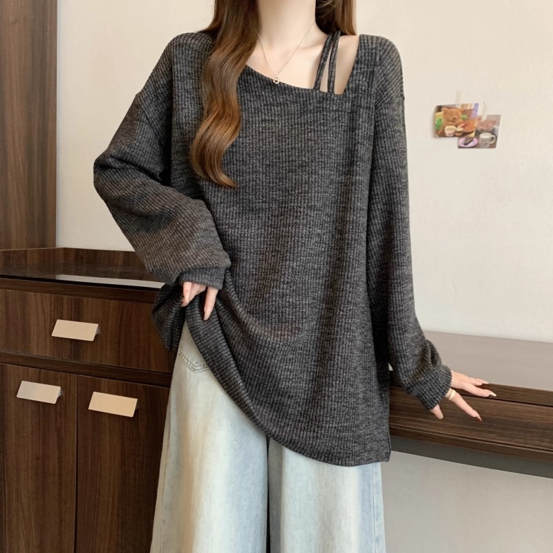 大码早秋慵懒风中长款露肩长袖t恤女胖mm遮肚显瘦设计感宽松上衣