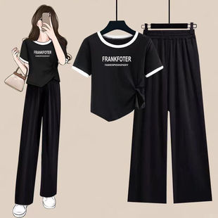 套装女夏款2025年新款不规则短袖夏季宽松九分阔腿裤休闲两件套潮