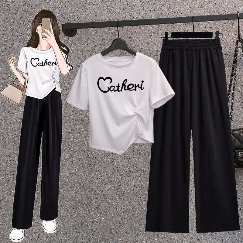 정장 여성 여름 스타일 2024 신상 불규칙 반팔 여름 루즈한 9부 와이드 팬츠 캐주얼 투피스 트렌디 세트