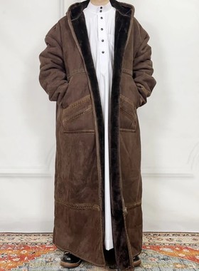 Winter Hooded Thobe Thick Warm Faux Fur Long Coat 冬厚长袍男