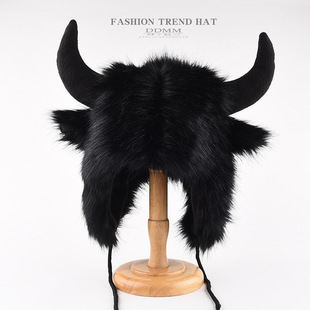 Cosplay Cap Men Women Earflap Hat Ox aviator Hats with Horns