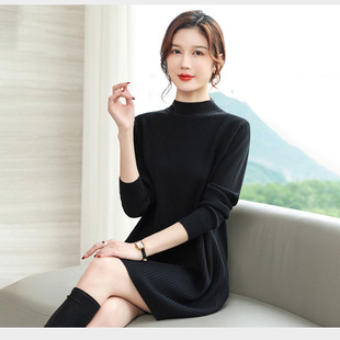 针织修身套头打底衫秋冬季中长款裙子半高领纯色宽松黑色毛衣上衣