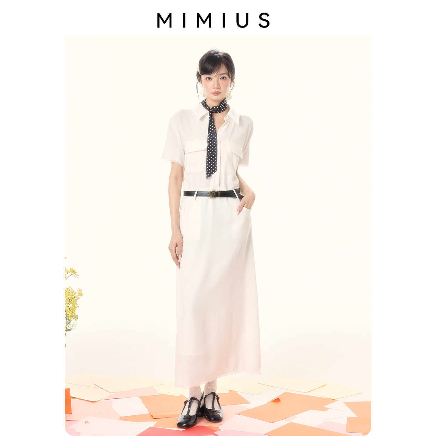 【mimius】游鹿鹿 高级感法式收腰短袖衬衫连衣裙 G05476