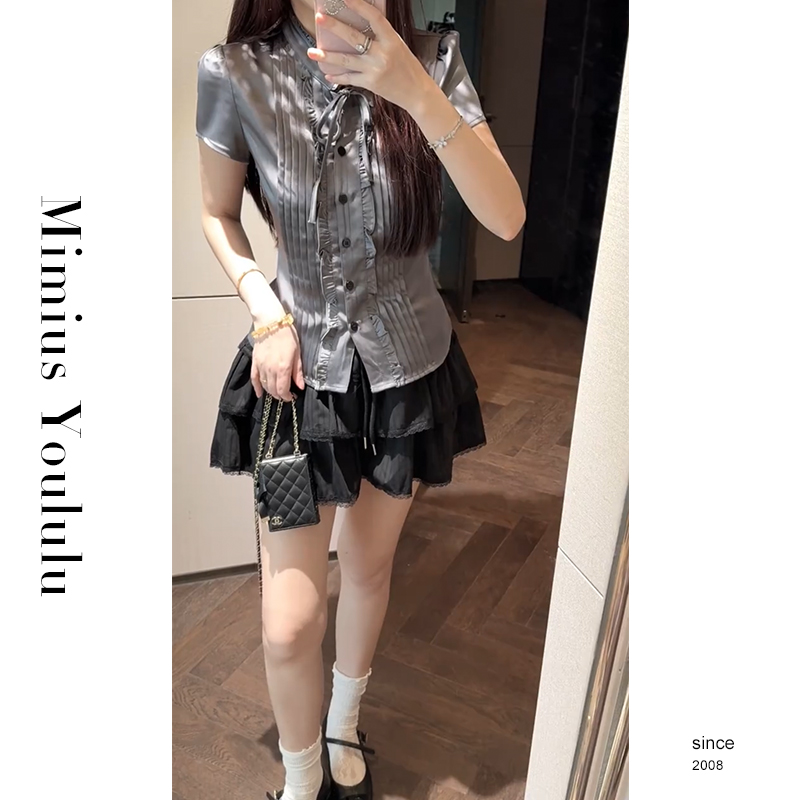 【mimius】游鹿鹿 高智感miu系立领蝴蝶结木耳花边衬衫