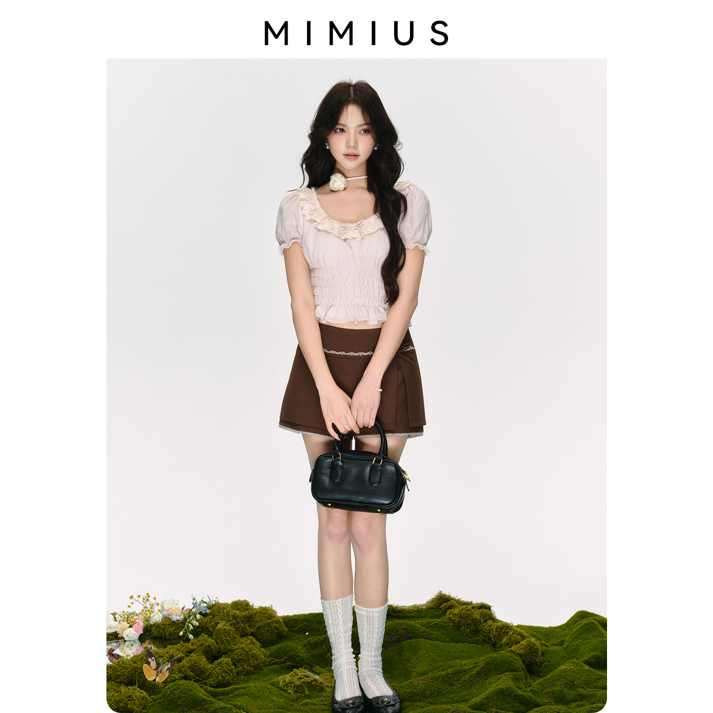 【mimius】游鹿鹿 甜美减龄蕾丝花边泡泡袖上衣+蝴蝶结开叉裙裤