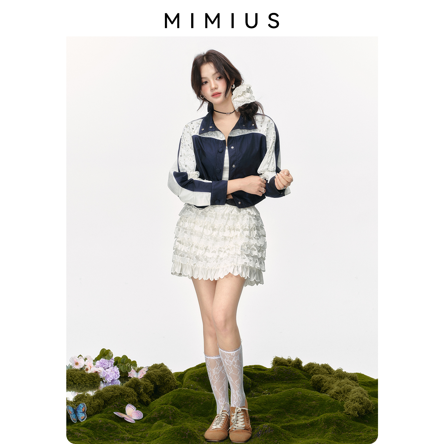 【mimius】游鹿鹿 25早秋重工钉珠拼色短款棒球服+爱心刺绣裙裤