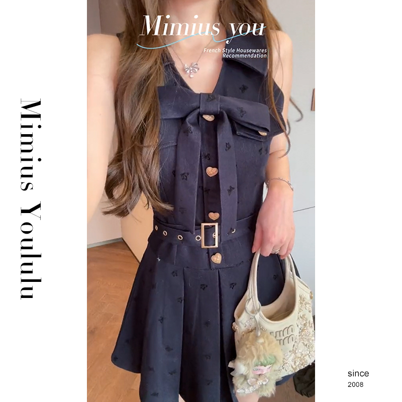 【mimius】游鹿鹿 英伦千金风翻领蝴蝶结收腰连衣裙（含腰带）