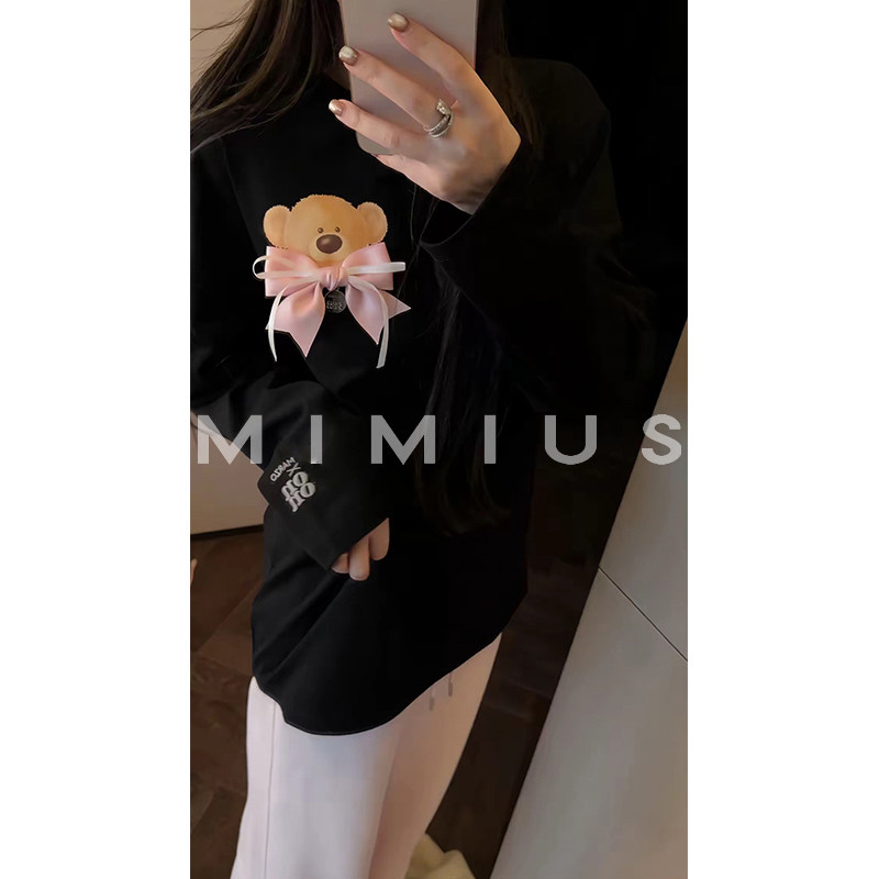 thumbnail for Swimming deer bow bear T-shirt women's ins style cute round neck long sleeves girly feeling inner wear to show thin autumn