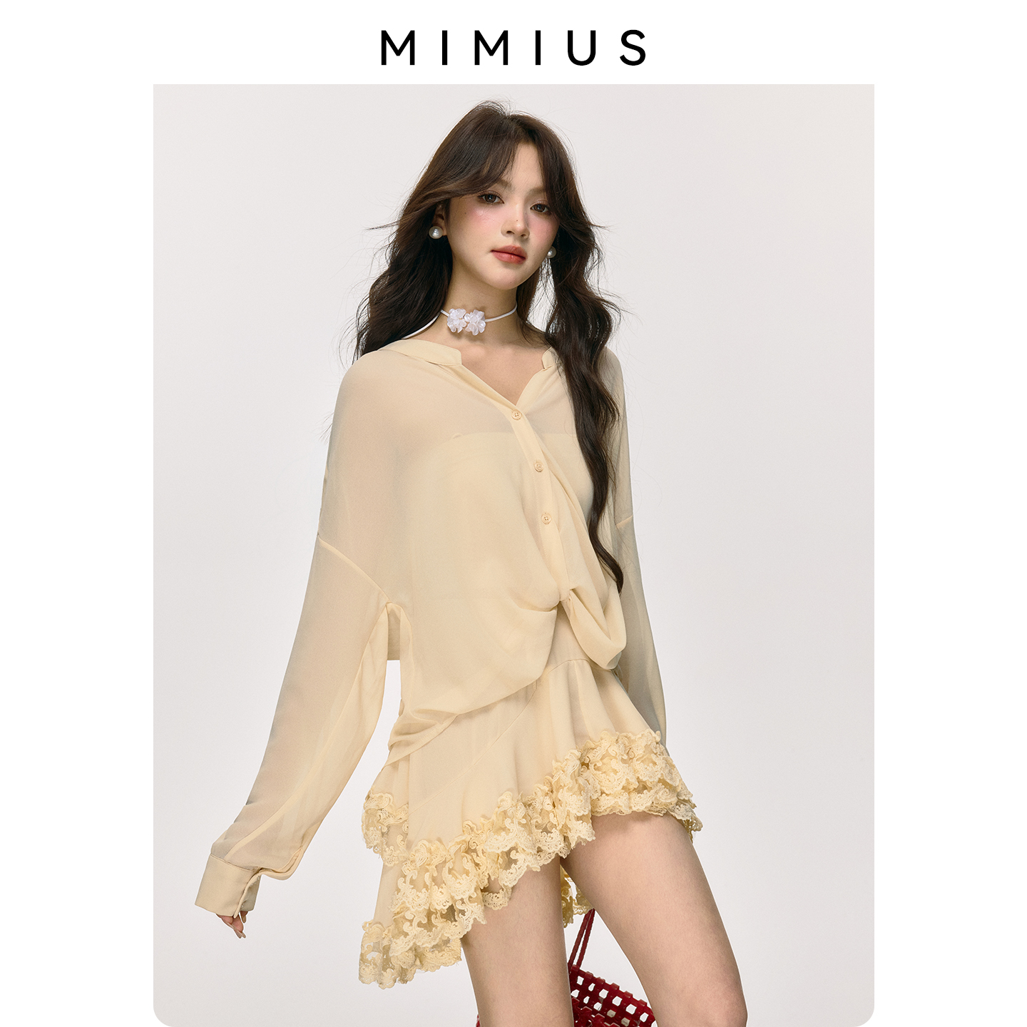 【mimius】游鹿鹿 巨好看纯欲花边衬衫+蕾丝不规则半身裙裤 G0633