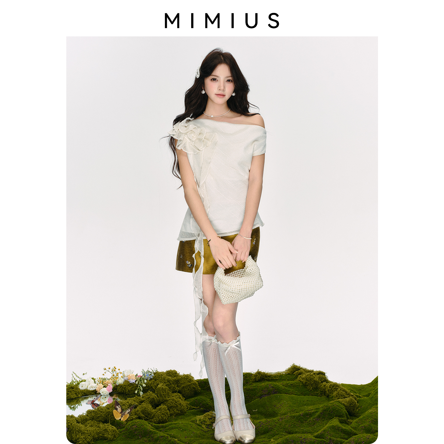 【mimius】游鹿鹿 温柔斜肩抽褶荷叶边飘带无袖上衣+裙裤两件套