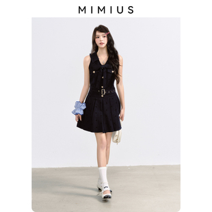 连衣裙 mimius 游鹿鹿 英伦千金风翻领蝴蝶结短裙收腰显瘦无袖
