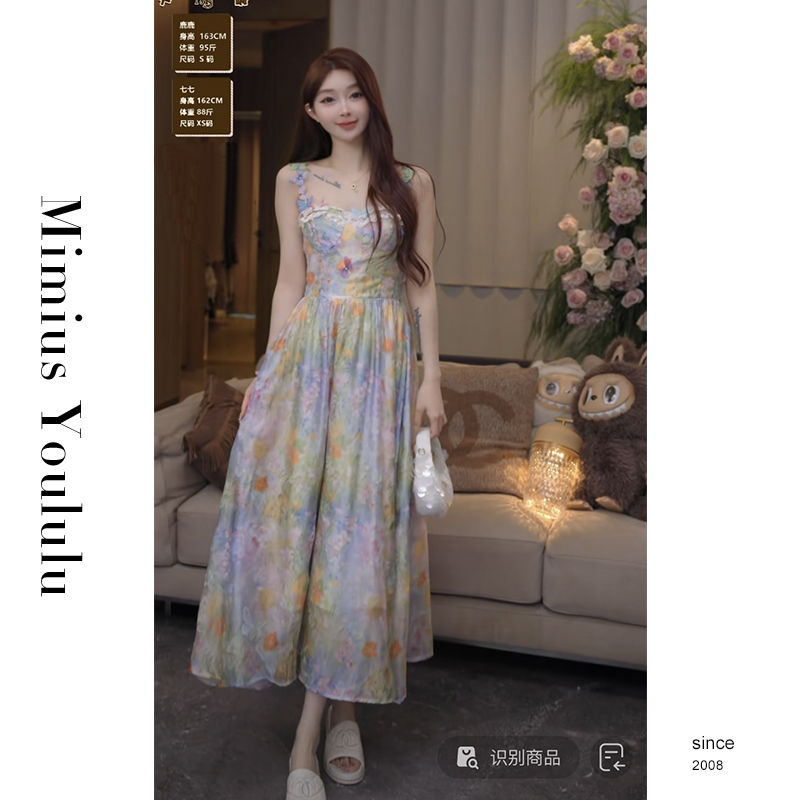 【mimius】游鹿鹿 莫奈花园风晕染碎花连衣裙 蕾丝拼接吊带连衣裙