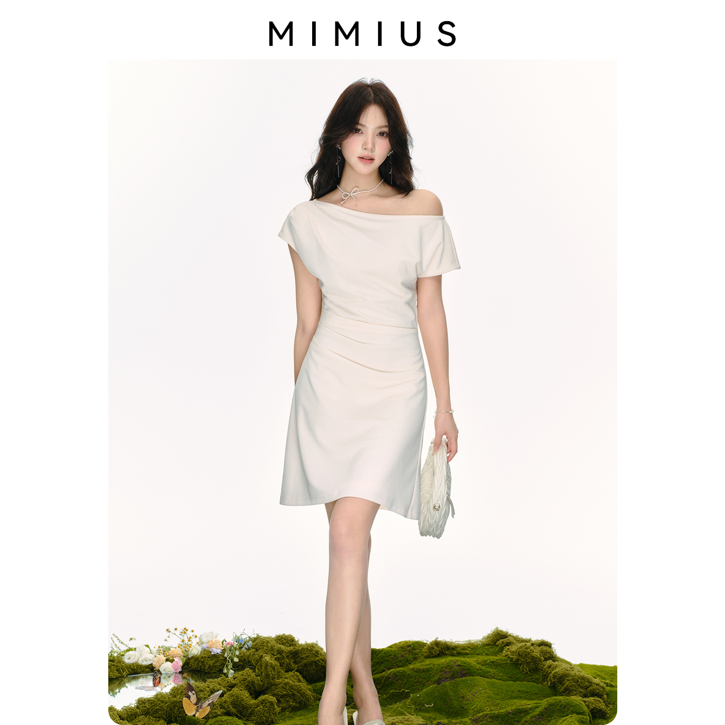 【mimius】游鹿鹿 外弹力TR内针织里衬-全套里布-斜肩修身连衣裙