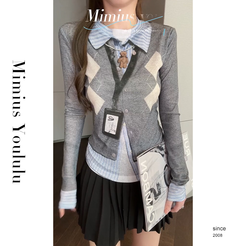 【mimius】游鹿鹿 学院风假两件设计感3D印花菱格1件T恤+裙裤