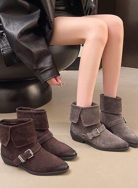 2025韩版新款小众设计复古法式短靴小方头西部靴真皮女靴子321-3