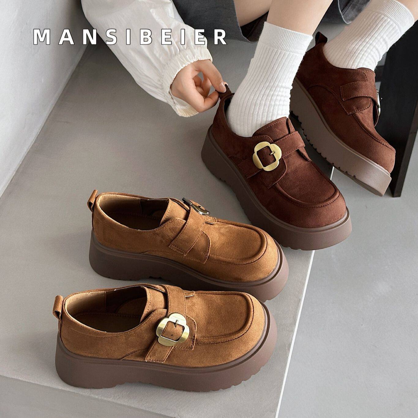 欧货厚底勃肯鞋女2025新款秋季松糕底英伦风小皮鞋棕色百搭E526