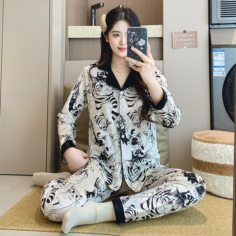 新款睡衣女士秋冬季爆款网红金丝绒开衫翻领长袖家居服套装