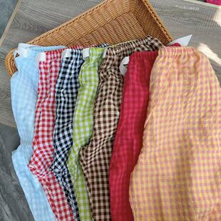 日系格子睡裤女款长裤春秋泡泡棉纱可外穿薄款单件裤子夏季家居裤