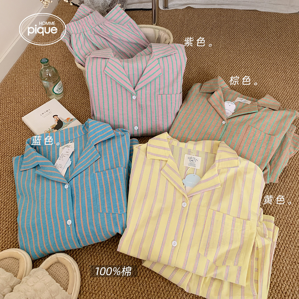 睡衣女日韩秋季翻领条纹系扣长袖长裤宽松大码女士家居服套装