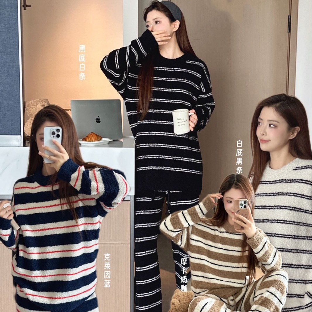JIEAINA网红同款条纹软绵绵热能衣女秋冬半边绒加厚保暖毛绒套装