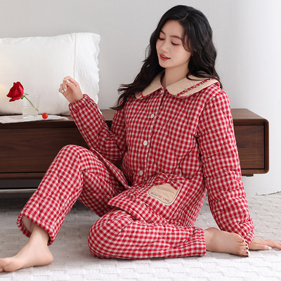 梭织纯棉夹棉睡衣女士冬季三层加厚加绒红色家居服2025年新款