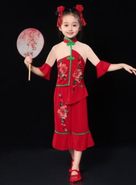 六一新款儿童秧歌服女开门红演出服民族打鼓服夏季红色喜庆表演服