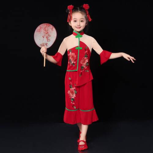 六一新款儿童秧歌服女开门红演出服民族打鼓服夏季红色喜庆表演服