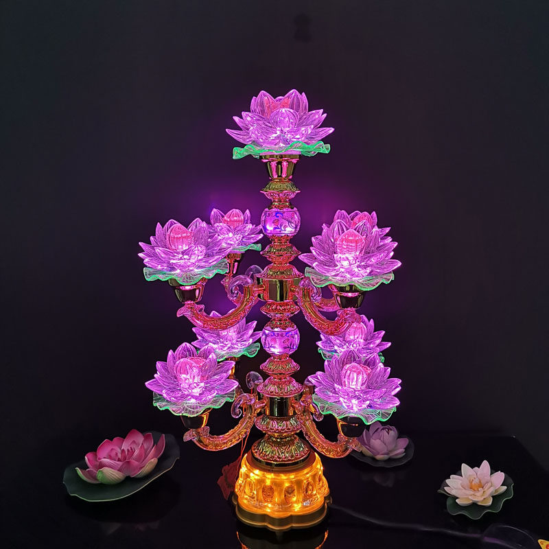 LED九品莲花灯七彩九品仿水晶旋转莲花灯荷花灯佛灯供灯佛台神台