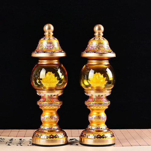 新珐琅彩工艺led莲花灯佛前供灯长明灯充插USB两用神社灯家用一对