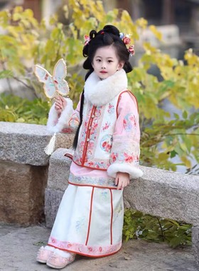 女童 宫廷风汉服女冬季厚款印花毛领三件套超仙格格服古装拜年服