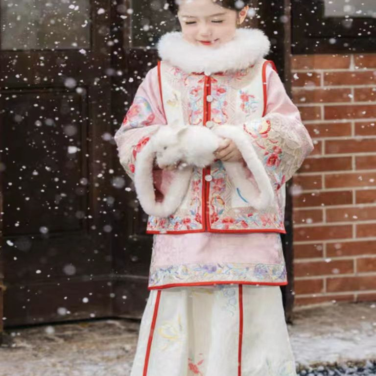 女童 宫廷风汉服女冬季厚款印花毛领三件套超仙格格服古装拜年服