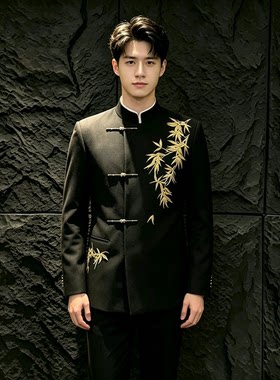 新中式竹叶刺绣男士西服套装婚礼